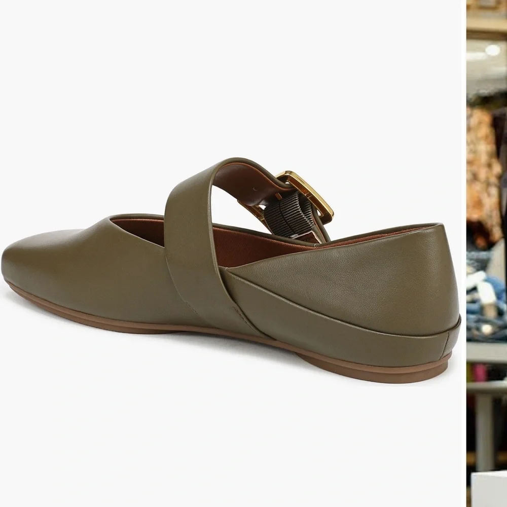 Franco Sarto Olive Green Flats with Gold Buckle - Picture 2 of 16